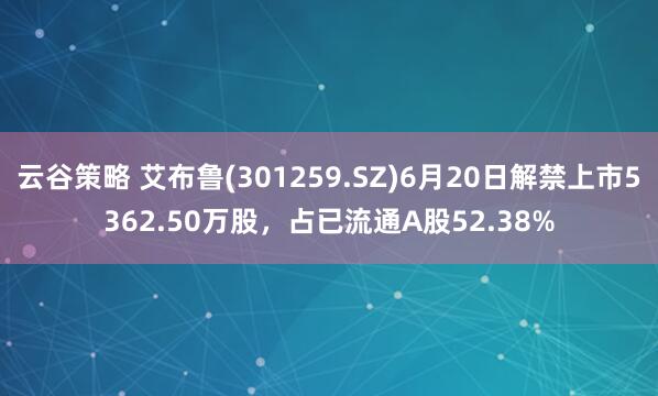 云谷策略 艾布鲁(301259.SZ)6月20日解禁上市5362.50万股，占已流通A股52.38%